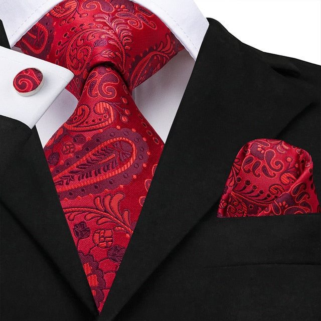 Luxury Gift Tie for Men Red Black Striped Woven Necktie Handkerchief  Cufflinks Tie Clip Boutonniere with Gift Box