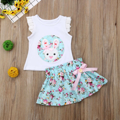 2pc Baby and Toddlers Sleeveless Rabbit Blouse and Floral Skirt