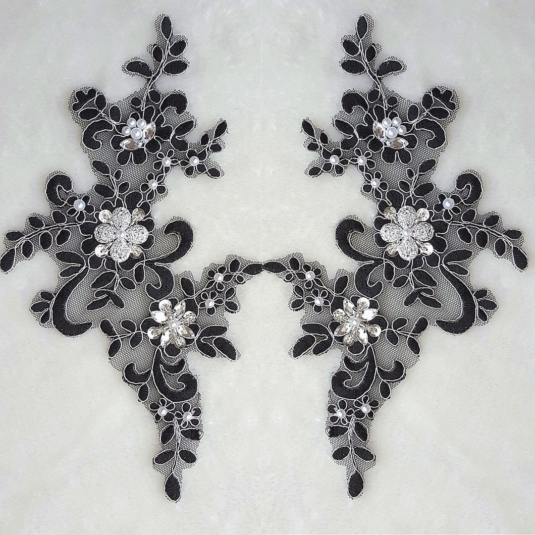 Crystal Black Silver Patches Embroidery Applique