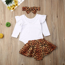 Load image into Gallery viewer, Baby and Toddlers Blouse and Leopard Skirt with Headband
