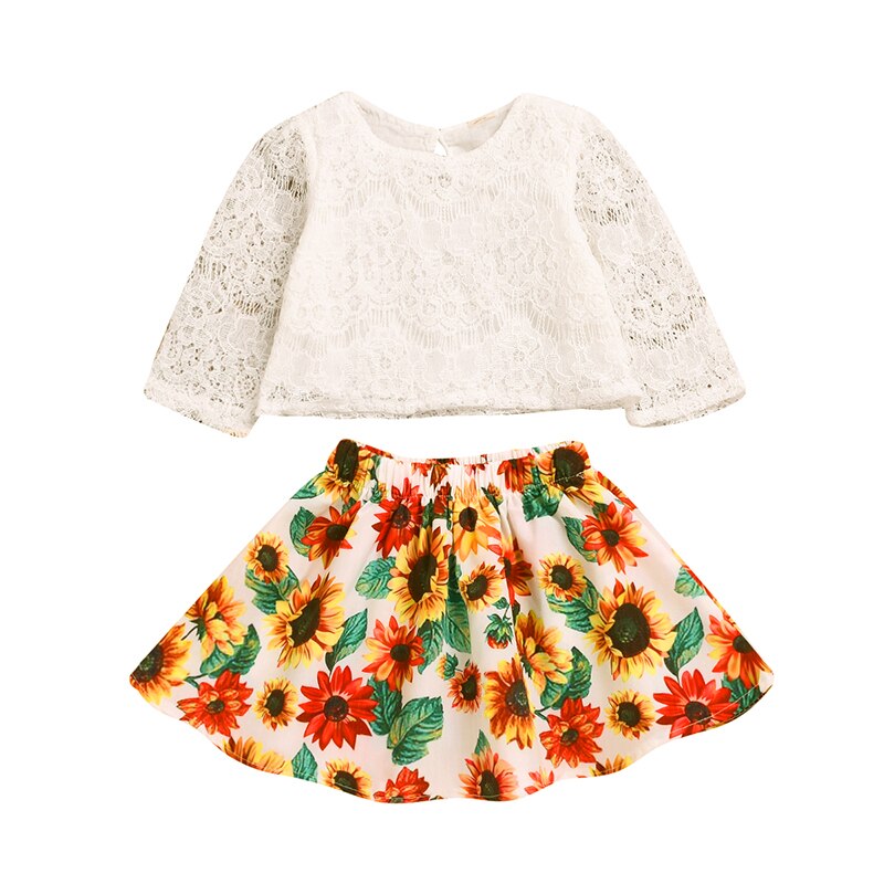 Baby and Toddlers Long Sleeve Lace Blouse and Sunflower Print Skirt